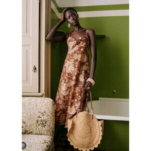 Sezane Chiaretta Dress Linen/Cotton Midi in Brown Floral Size 40 EU / 8 US
